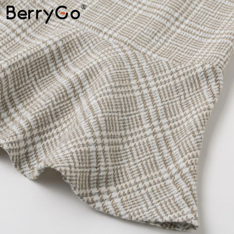 BerryGo Элегантное платье в клетку женское коротким трикотажным платьем женское с рюшами и винтажными осенними офисными дамскими платьями