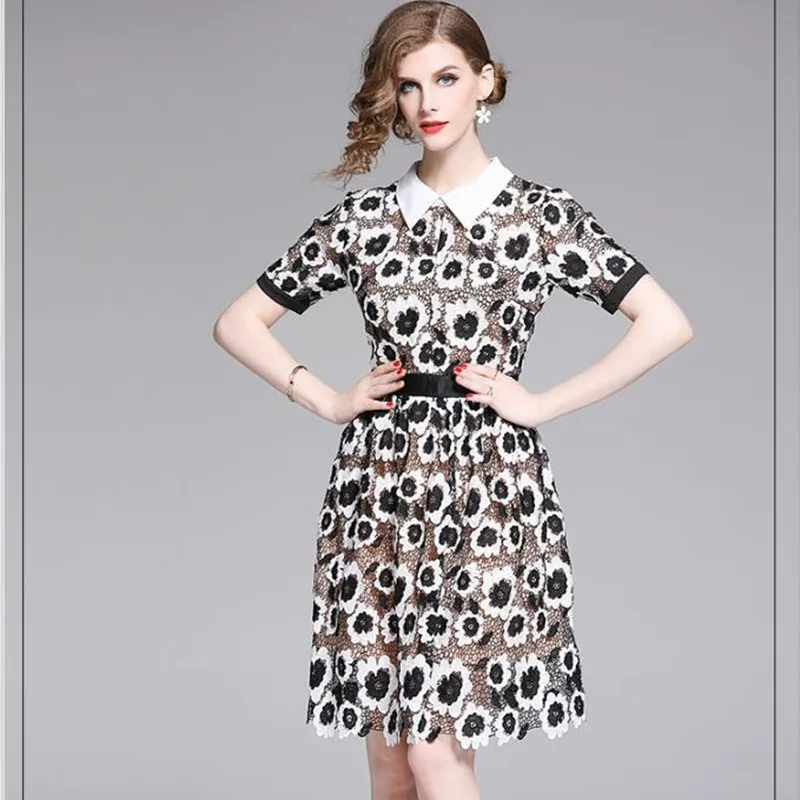 Женское кружевное платье с отложным воротником Элегантное черно белое ажурное