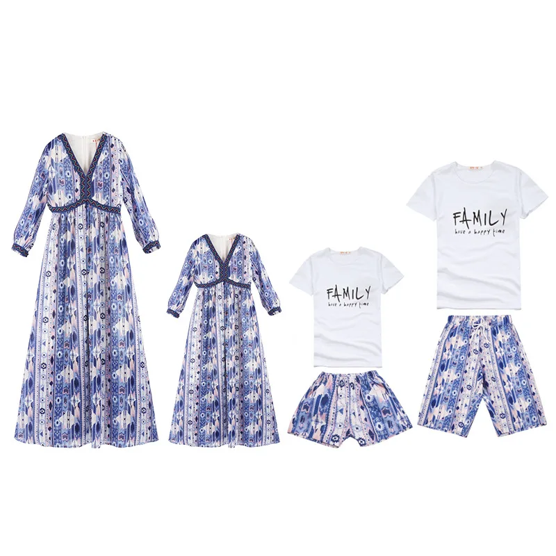 Mother Daughter Dresses Family Matching Clothes Shirts Blue and White Porcelainsale Hanfu Chinese National Traditional Costume | Мать и