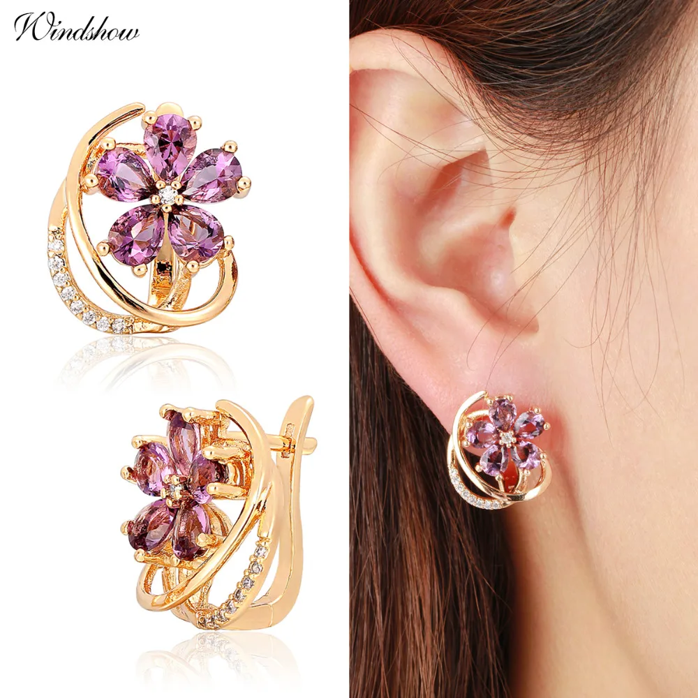 4Colors Five Petal Flower Paved Pear CZ Crystals Huggies Small Hoops Earrings for Women Yellow Gold Color Jewelry 2016 New|earring and necklace