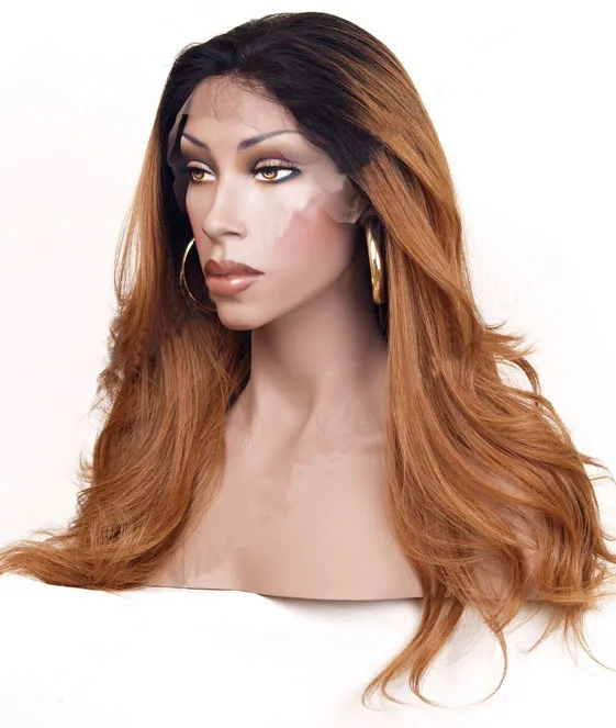 Free shipping New black brown1B/30 two tone ombre heat resistant fiber natural wave glueless synthetic lace front wig |