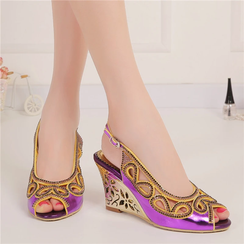 Purple Summer Sandal Wedge Heel Peep Toe Rhinestone Fashion Women Dress Shoes Slingback Nightclub Party Prom Wedding Pumps | Обувь