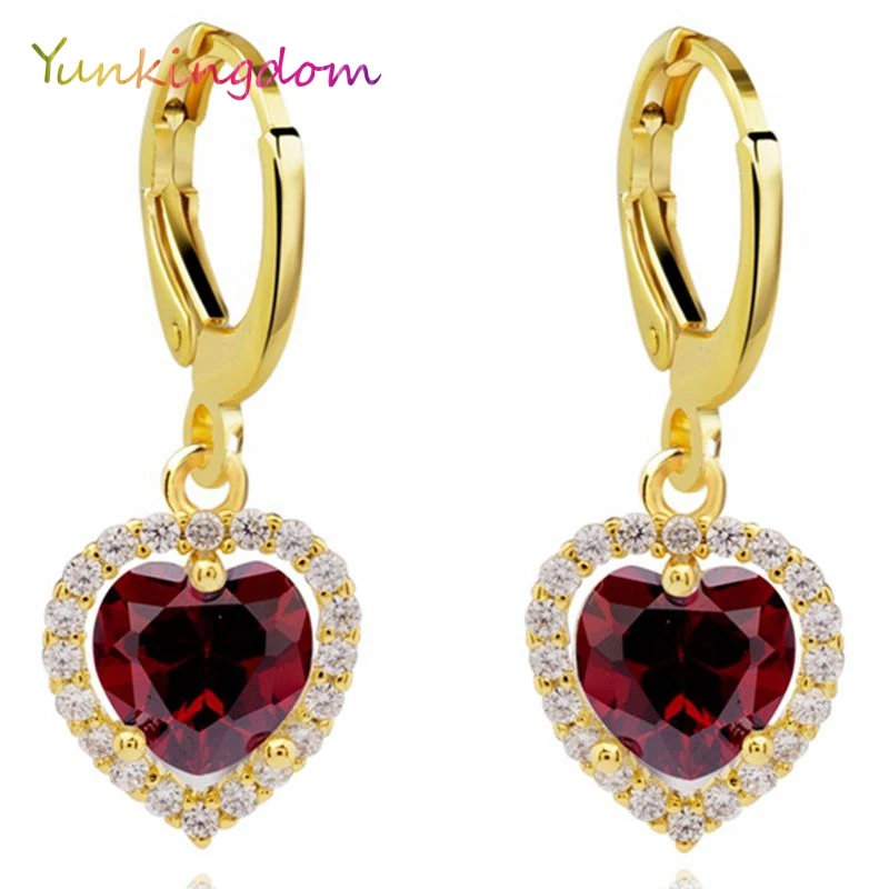 Женские маленькие серьги подвески Yunkingdom с темно красным сердцем и кристаллами из