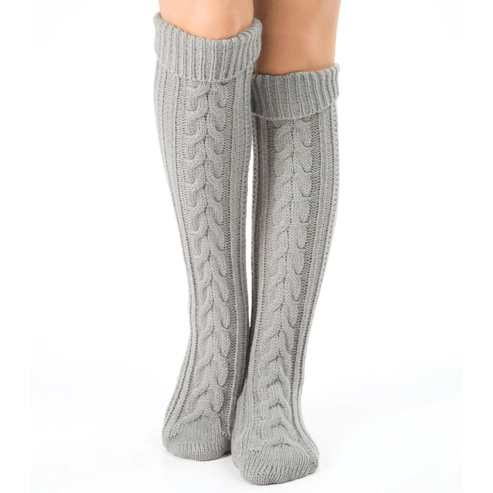 Женские зимние теплые вязаные носки выше колена рождественские однотонные