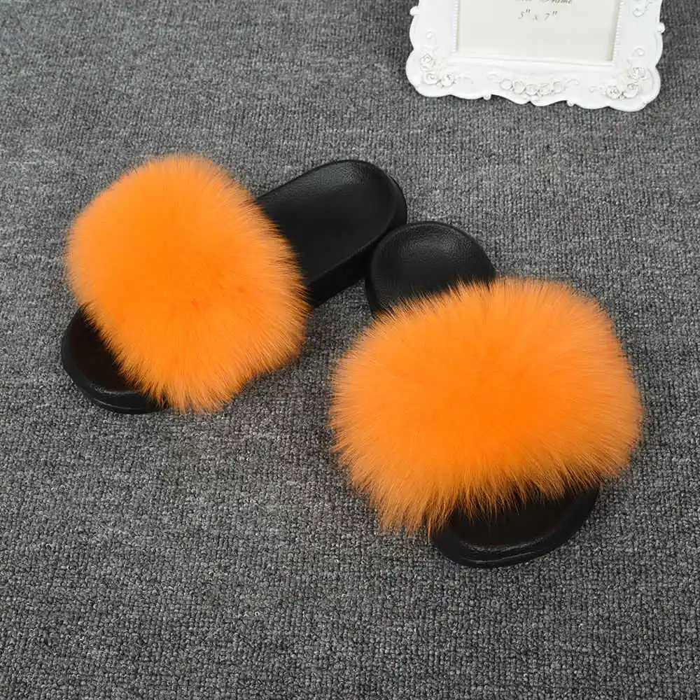 Orange CCFUR/Женские меховые тапочки; милые женские пушистые шлепанцы с натуральным лисьим мехом; женские меховые шлепанцы для дома; S6043B - Цвет: Orange