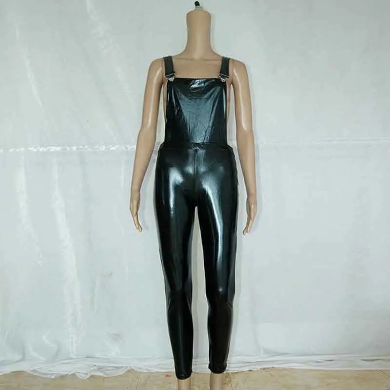 Женский комбинезон черный из ПВХ с молнией спереди и открытой спинкой|Женские