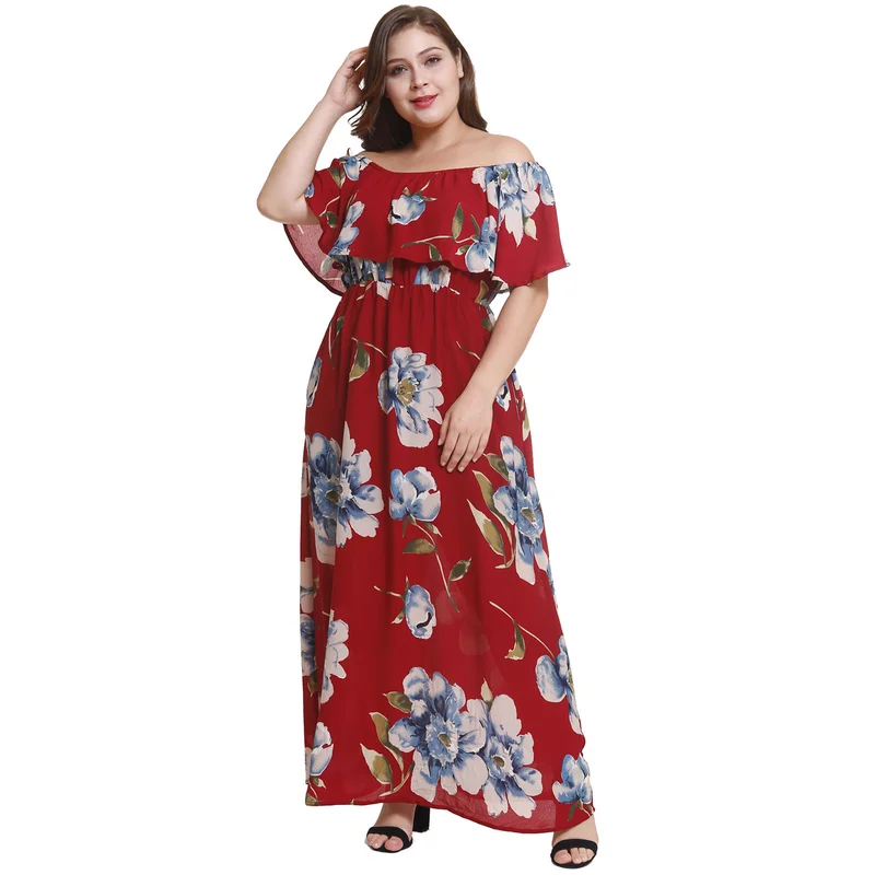 Платья для женщин больших размеров со складками с открытыми плечами Цветочное