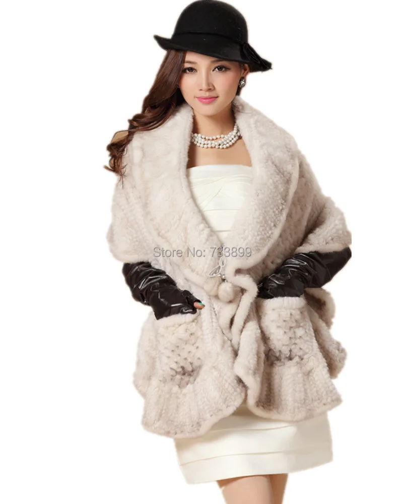 K241-осень зима теплая вязаная накидка с натуральной волосы черный Серый