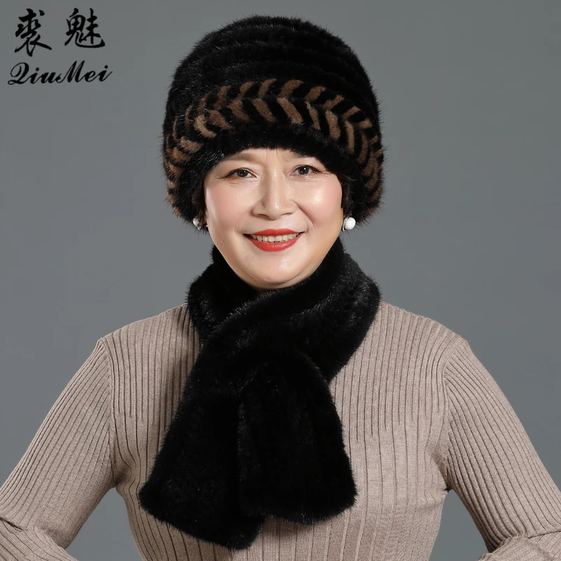 

2 Pieces Hat Muffle Lady Winter Genuine Mink Fur Hats Scarves Set Knitted Women Warm Natural Mink Fur Caps Scarves Sets