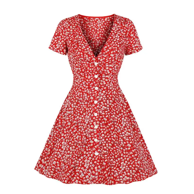 Женское винтажное платье с цветочным принтом Элегантное повседневное красное