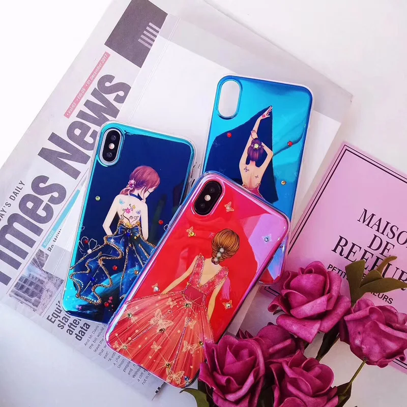 Красивая юбка для девочек чехол телефона Foir iphoneX 8 plus ювелирная синий луч мягкий