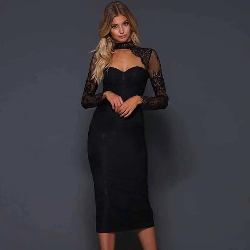 

ERDAOBEN Bandage Dress Women Vestidos Sexy Black Lace O Neck Spaghetti Strap Club Dress Celebrity Evening Party Dresses H5657