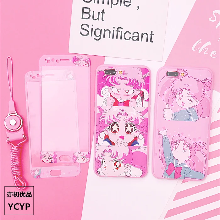 For iphone 7plus Sailor Moon Case +Tempered Glass Screen film for X 8 8plus 6 6S plus Pink cover+ Strap +Metal Gift box |