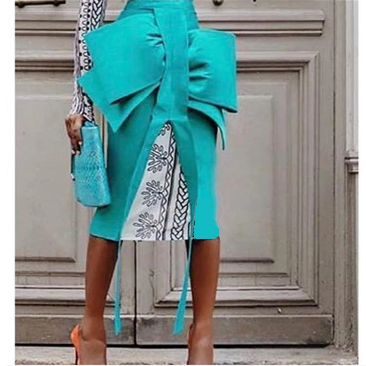 Blue Only Skirt Комплекты из 2 предметов, весенние женские юбки-карандаш с принтом, платья, костюмы, элегантные, с большим бантом, тонкие, с разрезом, Jupes, Дамская мода, лето - Цвет: Blue Only Skirt