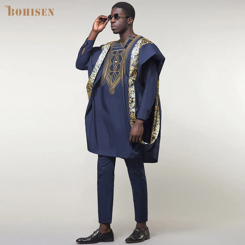 BOHISEN новинка 2019 африканская мужская одежда с принтом Bazin Agbada 3 предмета Boubou