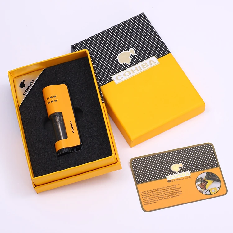 COHIBA гаджеты прочный Ветрозащитный 1 фонарь струи пламени сигарета легче, чем газ-бутан курительные зажигалки с подарочной коробкой