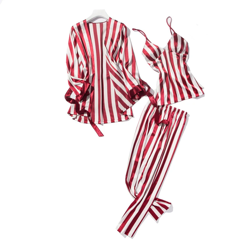 3 piece Striped Pajama Sets sleepwear Ladies top Sexy Big Size bath robe Homewear women set Autumn Winter | Женская одежда