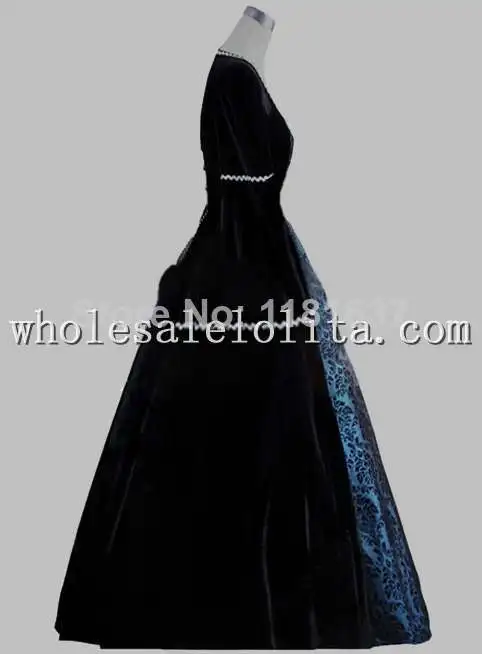 Готическое Черное и синее элегантное бальное платье с принтом в викторианском