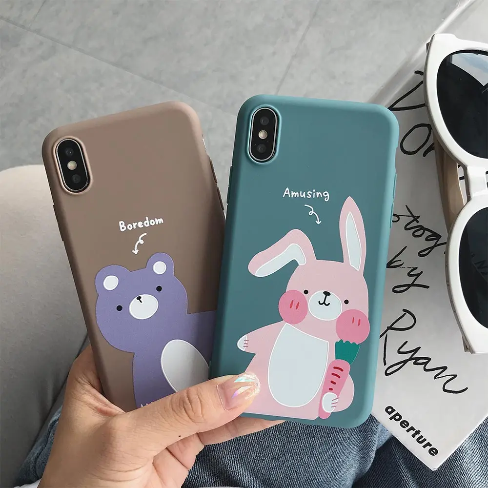 TPU чехол матовый с животными для iPhone 7 Plus XR X XS Xs Max 8 Чехлы 6S 6 милый кролик медведь