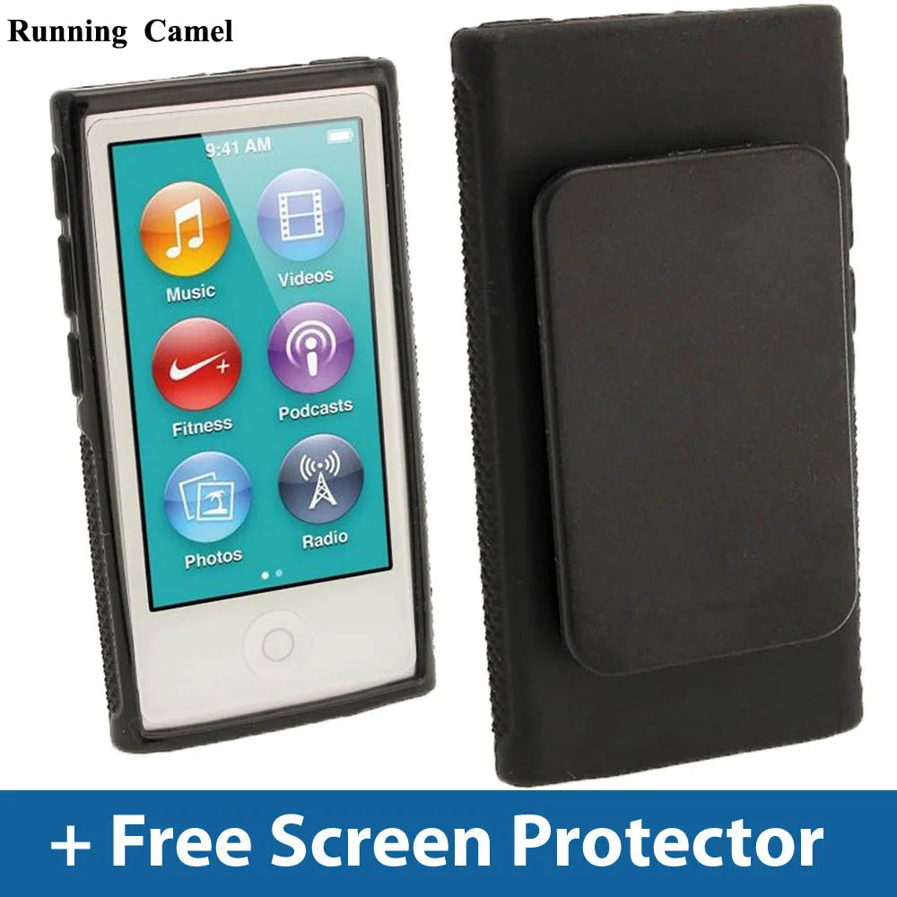 Running Camel Новинка для iPod Nano 7 7G 7-й Зажим для ремня ТПУ резиновый гелевый мягкий кожаный чехол+ 2 шт Защитная пленка для экрана для Nano 7 - Цвет: Black