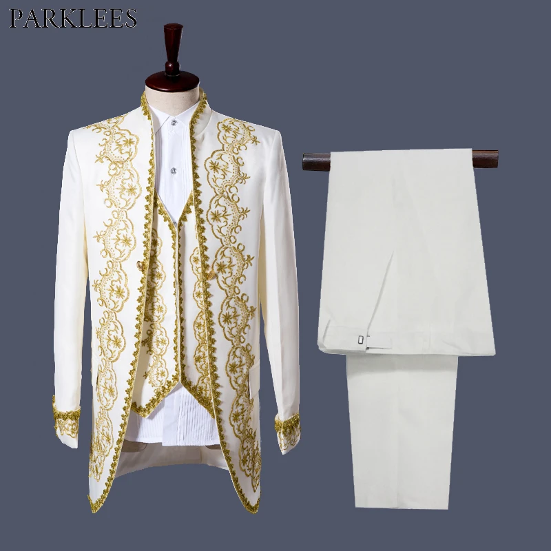 

Luxury Gold Embroidery White Suit Men Stand Collar Mens 3 Piece Blazer Stage Prom Wedding Grooms Singer Costumes Jacket Homme XL