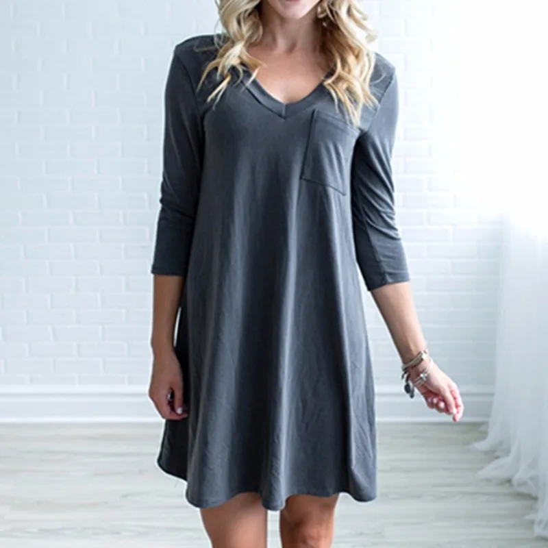 Женское осеннее платье сексуальное v образный вырез три четверти рукав карманы