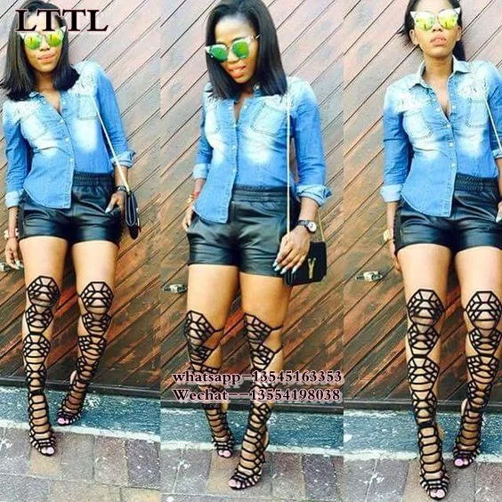 Черные кожаные сандалии-гладиаторы Женские сапоги до колена на высоком каблуке