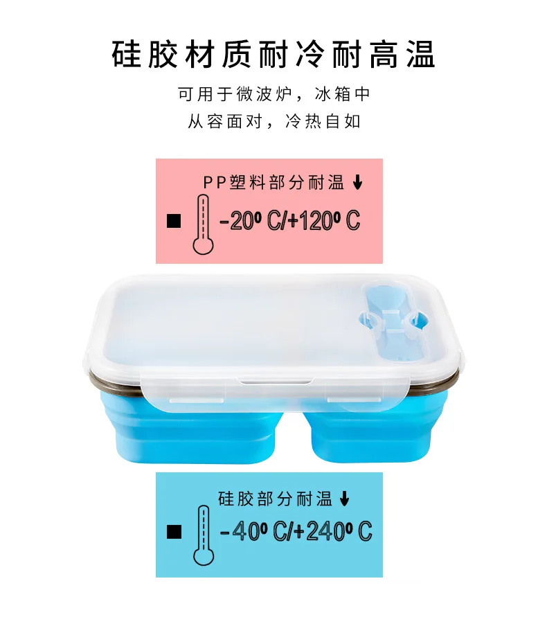Силиконовый Ланч-бокс с вилкой, СВЧ, складной, для офиса, для детей, Bento Tiffin, портативный, большая емкость, 3 сетки, контейнер для еды, приготовление еды
