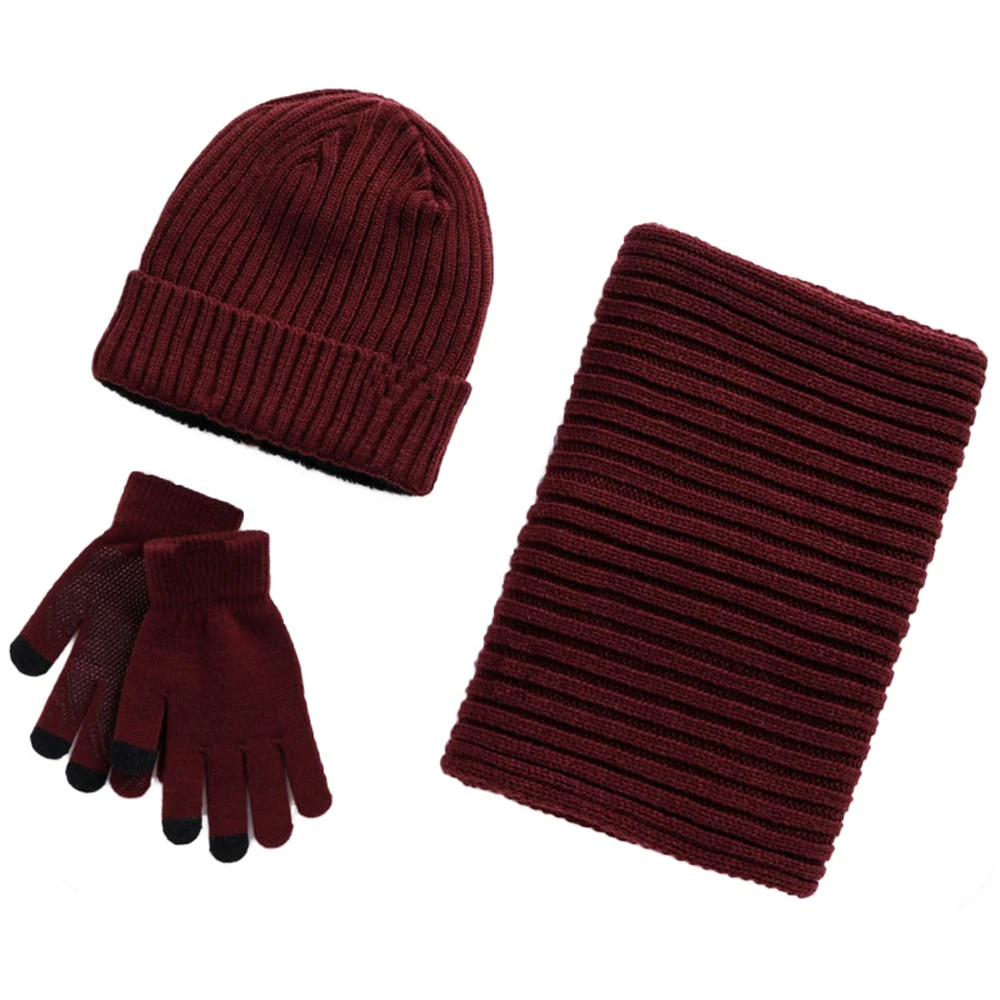 Winter Slouchy Beanie Pure Color Hat &amp Scarf Touchscreen Gloves Three-piece Set Autumn Fashion Warmer Unisex Cap |