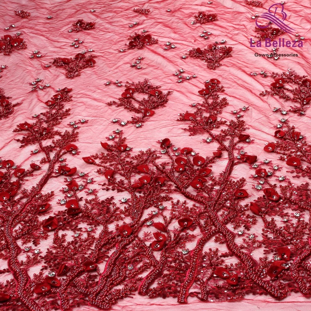 La Belleza handmade beaded crystal ivory 3D flowers evening ddress lace fabric 1 yard SNB3D801