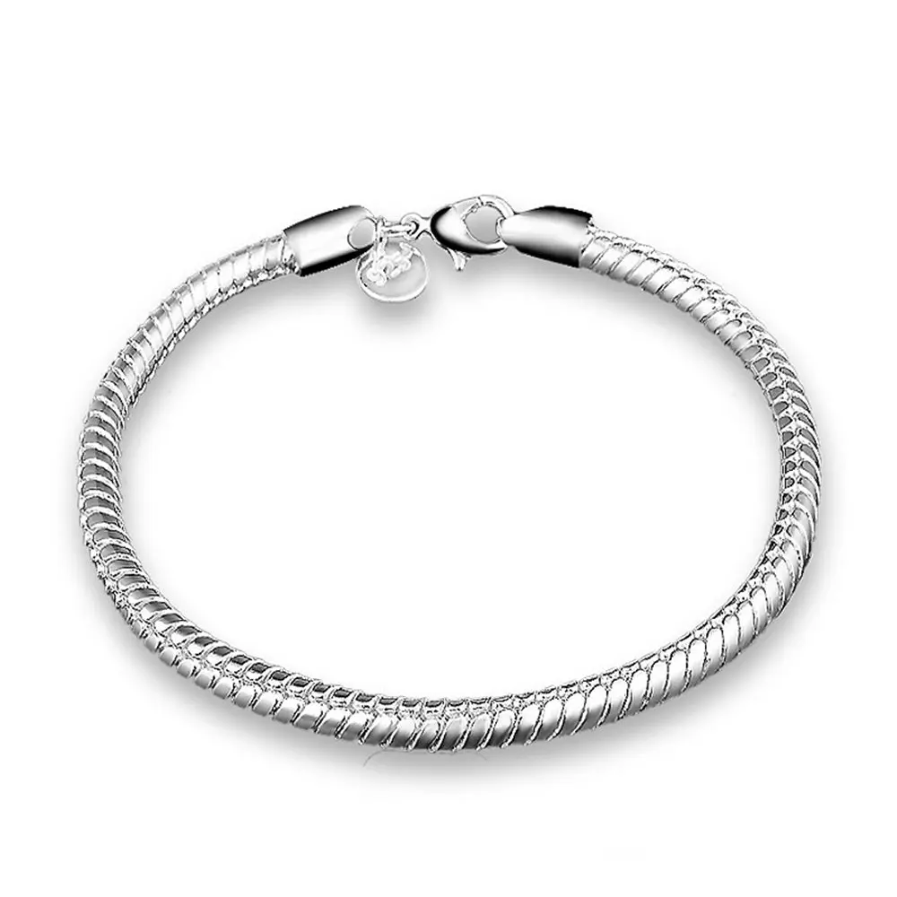

Classic Silver Plated Snake Chain Bangles Bracelet For Women 3/4 mm width Chain Cuff Jewelry Gift Drop shipping