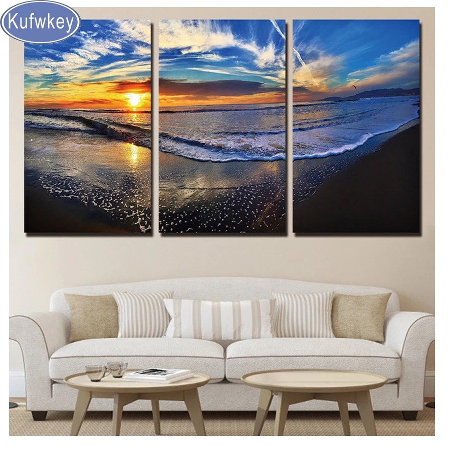 

Diamond Painting 3 Pieces"Waves Seascape" Mosaic diamond Embroidery full Square/Round Drill beach Sunset picture for home decor