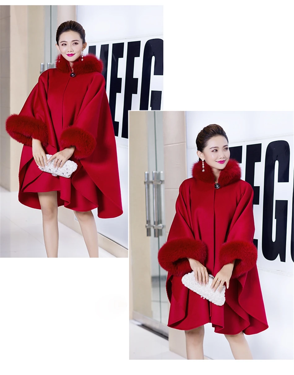 Black Pashmina Cashmere Coat Shawls with Fox Fur Wool Scarf Collar Poncho Wrap Outwear Plus Size | Женская одежда