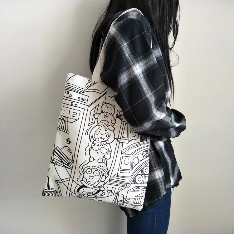 

IMYOK Woman Canvas Shoulder Bag Reusable cartoon printing Shopping Bags Casual Tote Female Handbag Lady Messenger Bag for women