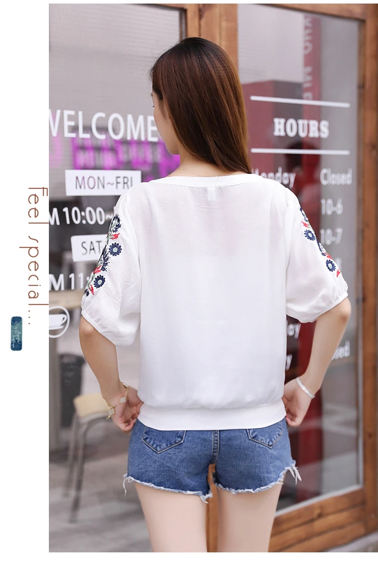 New 2019 Spring Summer Fashion Embroidery Floral Chiffon Women Blouses Shirt Simple Loose Buckle Short Sleeve Top Blusas D872 30 |