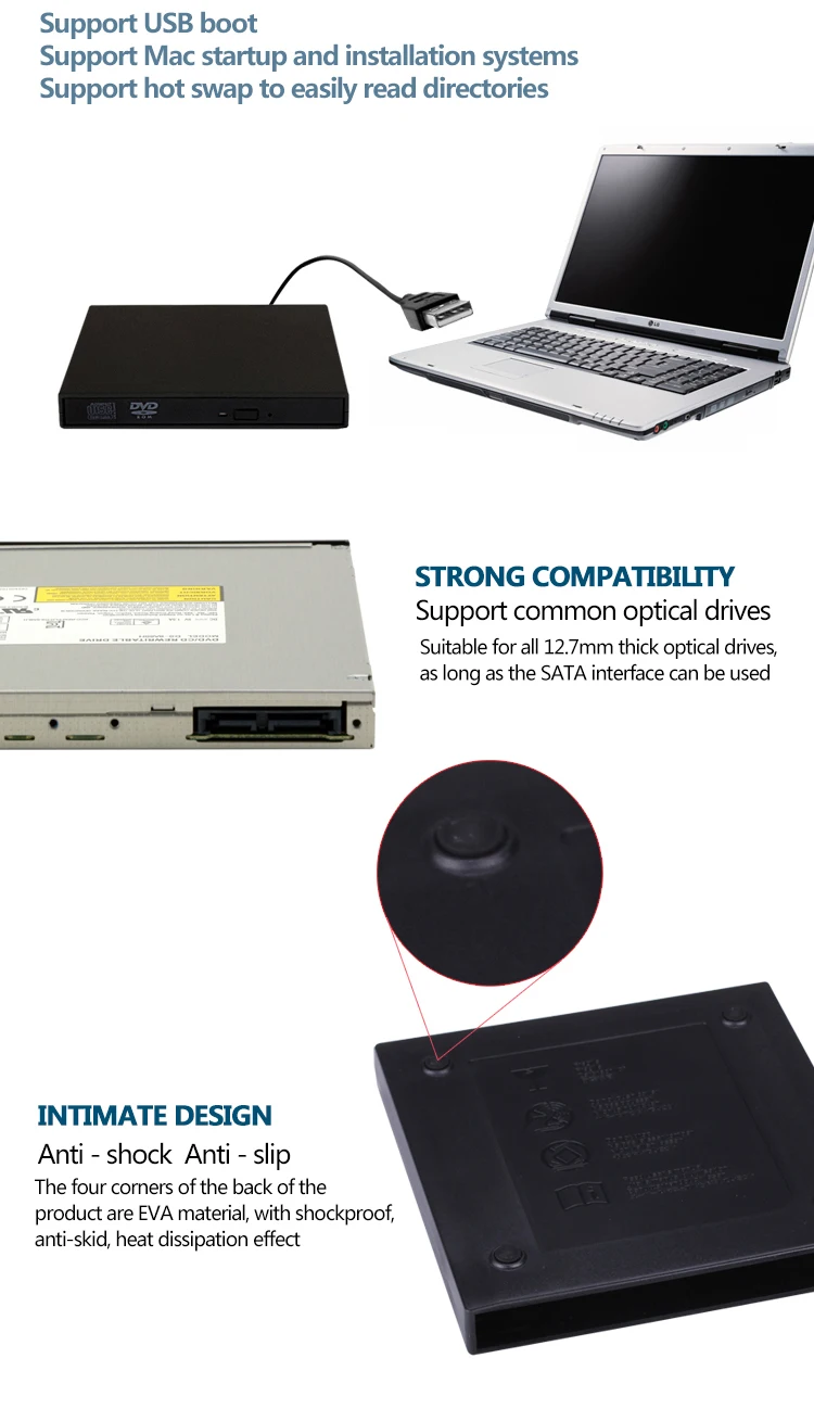 12,7 мм USB 2,0 SATA Внешний привод DVD CD DVD-Rom Чехол Коробка привода для ноутбука внешний портативный жесткий диск HDD корпус