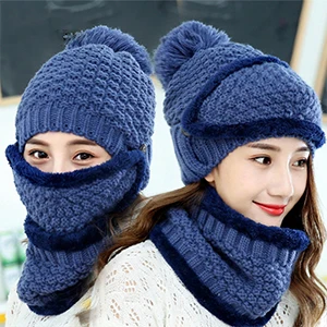 Blue Set Модная вязаная шерстяная шапка, маска и шарф, комплект женской зимней толстой теплой шапки, комплекты элегантных шапок, женская зимняя шапка - Цвет: Blue Set