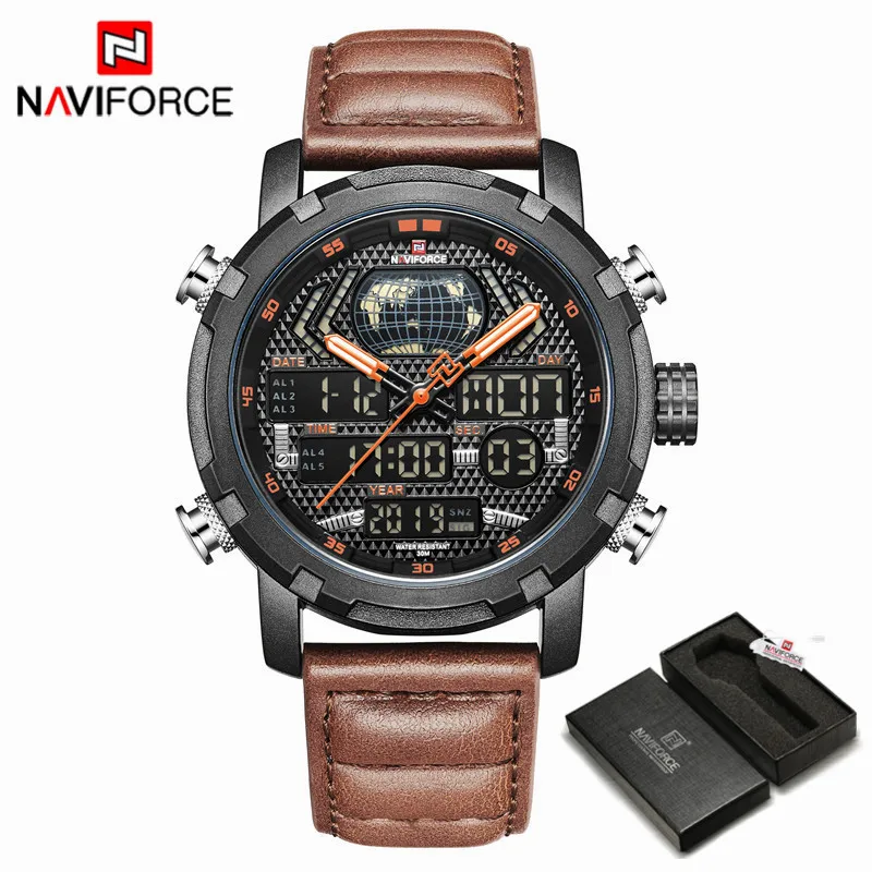 Black Orange -Box NAVIFORCE Лидирующий бренд часы для мужчин модные светодиодный цифровой Кварцевые спортивные часы для мужчин кожа водонепроница - Цвет: Black Orange -Box
