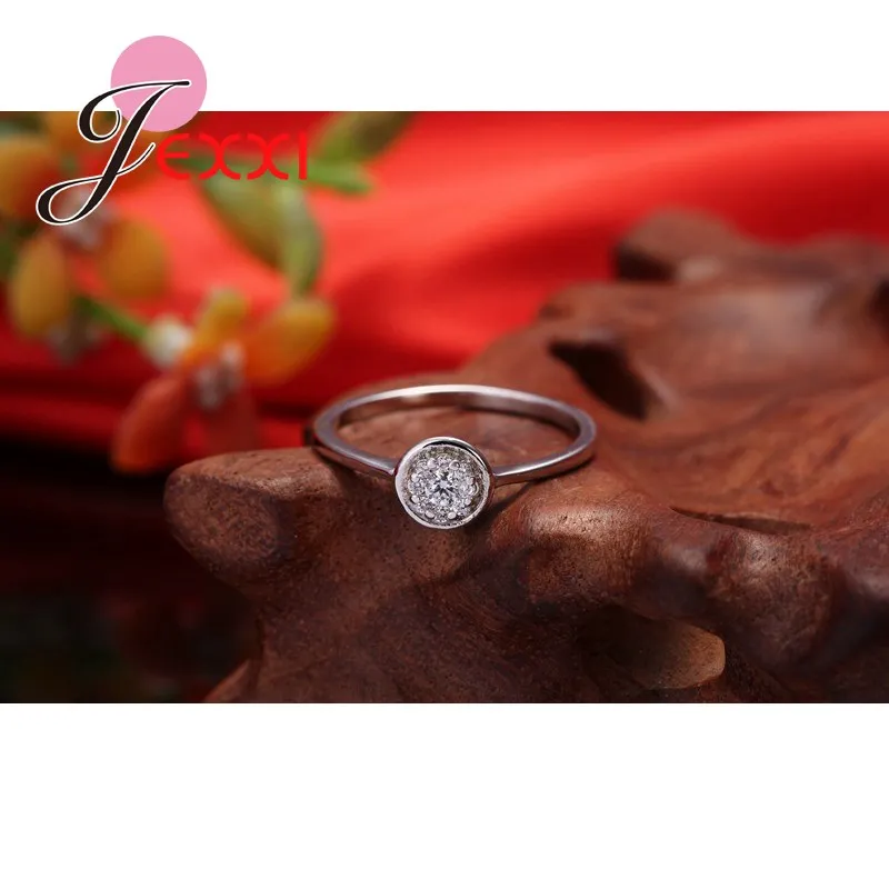 Genuine 925 Sterling Silver Round Shape Clear Cubic Zirconia Finger Rings Crystal Jewelry Present For Women Bridal Wedding | Украшения и
