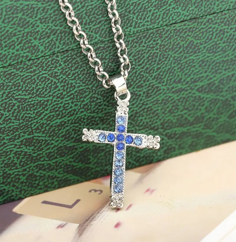 Мужские и женские ожерелья с подвеской крестом из синего горного хрусталя|necklace