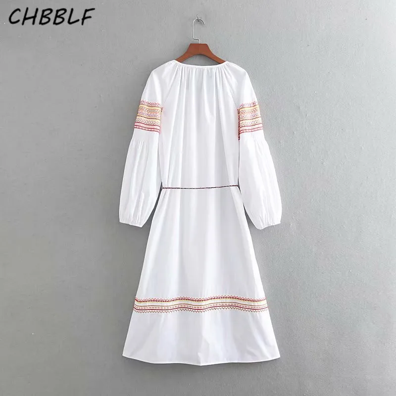 CHBBLF женское народное платье emnroidery с длинным рукавом-фонариком украшенное