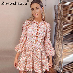 Ziwwsahoyu/летнее Новое милое мини-платье с принтом, на пуговицах, с высокой талией, льняное платье с пышными рукавами - Цвет: Многоцветный
