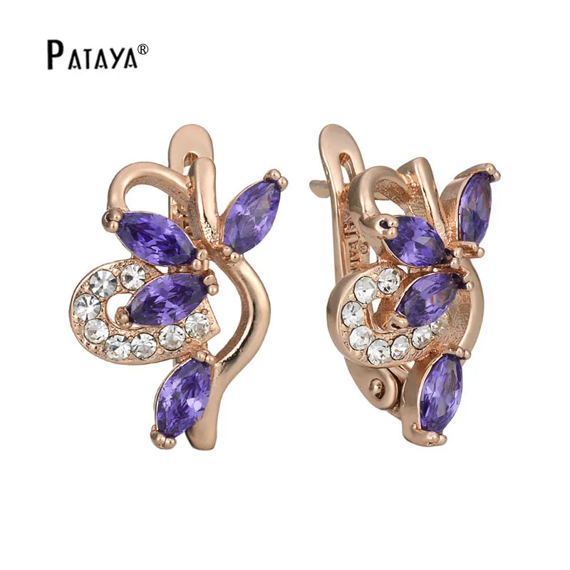 purple PATAYA романтические белые висячие серьги с винтовой застежкой 585 розовое золото цветочный дизайн фиолетовый натуральный циркон женские ювелирные изделия Свадебные серьги - Окраска металла: purple