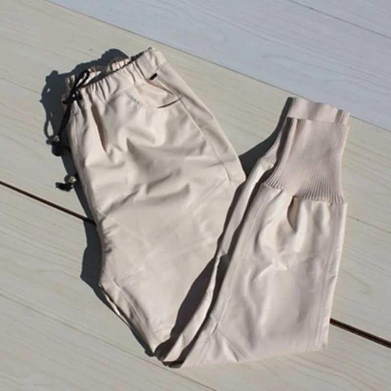beige Модные женские свободные штаны-шаровары в стиле хип-хоп, 8 цветов, повседневные брюки с эластичной резинкой на талии, длинные штаны из натуральной кожи, уличная одежда - Цвет: beige
