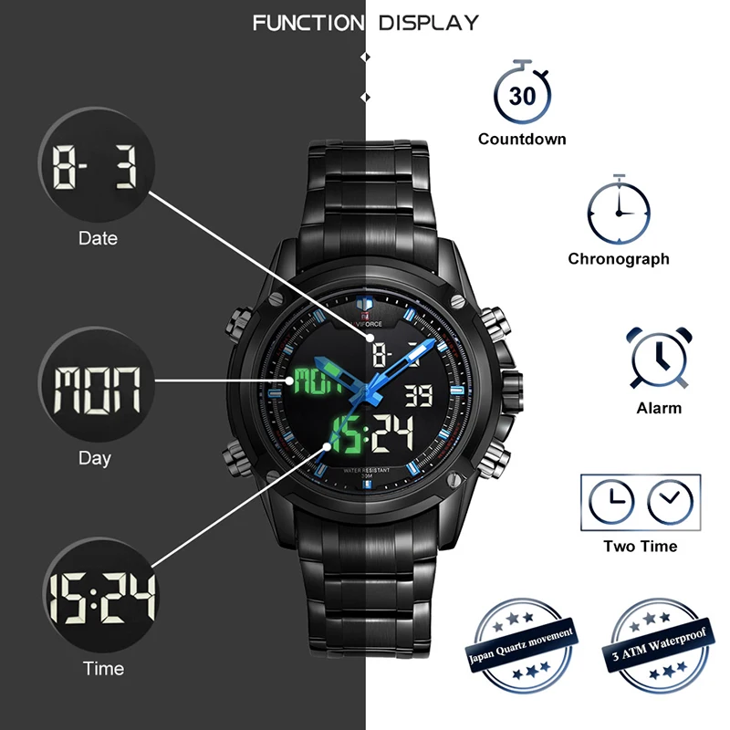 Мужские часы Naviforce, Мужские кварцевые светодиодный часы с цифровым хронографом, спортивные часы, армейские военные наручные часы, мужские часы
