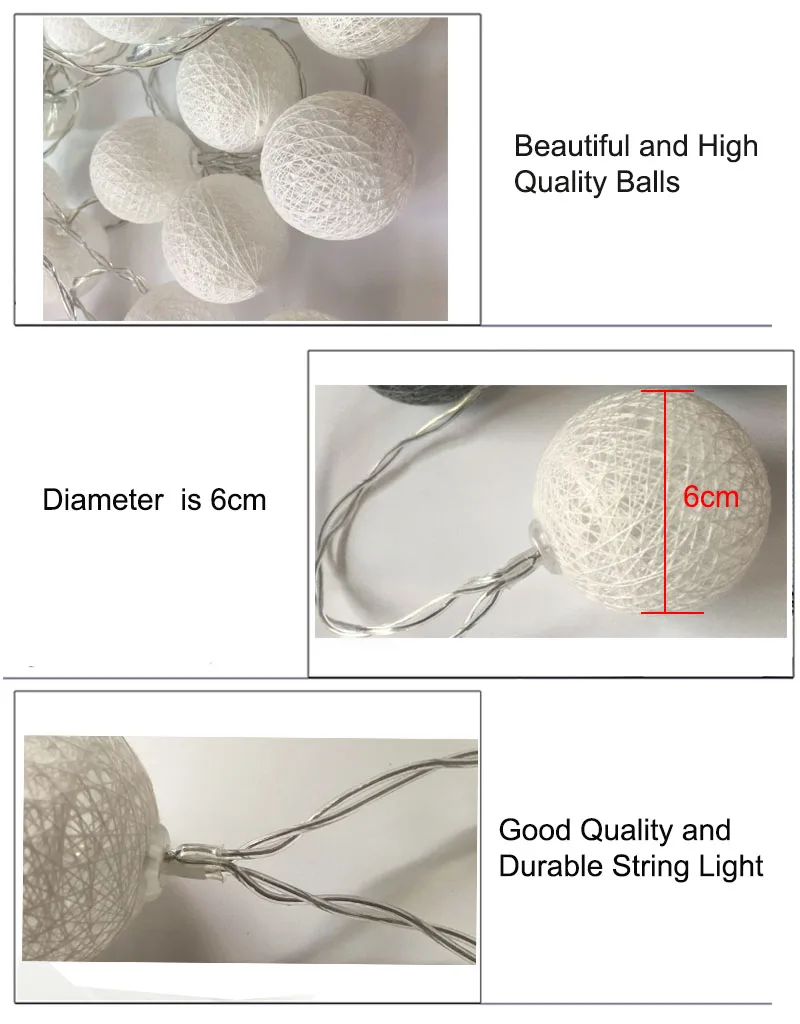 Светодиодная гирлянда с хлопковыми шариками батареей диаметром 6 см 20 ватных