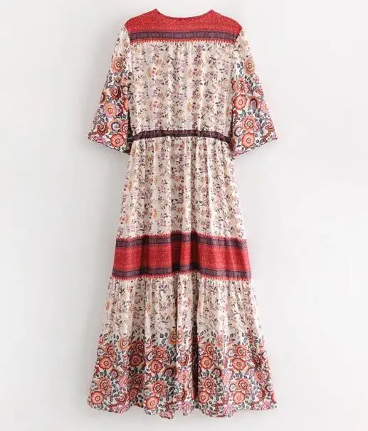 BOHO Deep V neck Open Buttons Blue white Floral Print Dress 2018 Ethnic Woman Half Sleeve Swing Maxi Long Dresses | Женская одежда