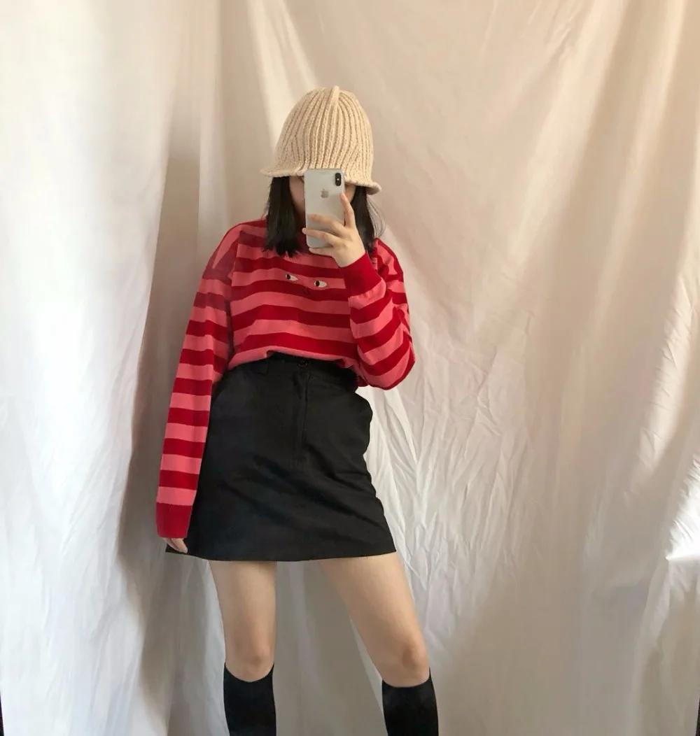 Kawaii сладкий милый pull femme красный полосатый мультфильм глаза вышивка свитер свободный вязаный свитер женский