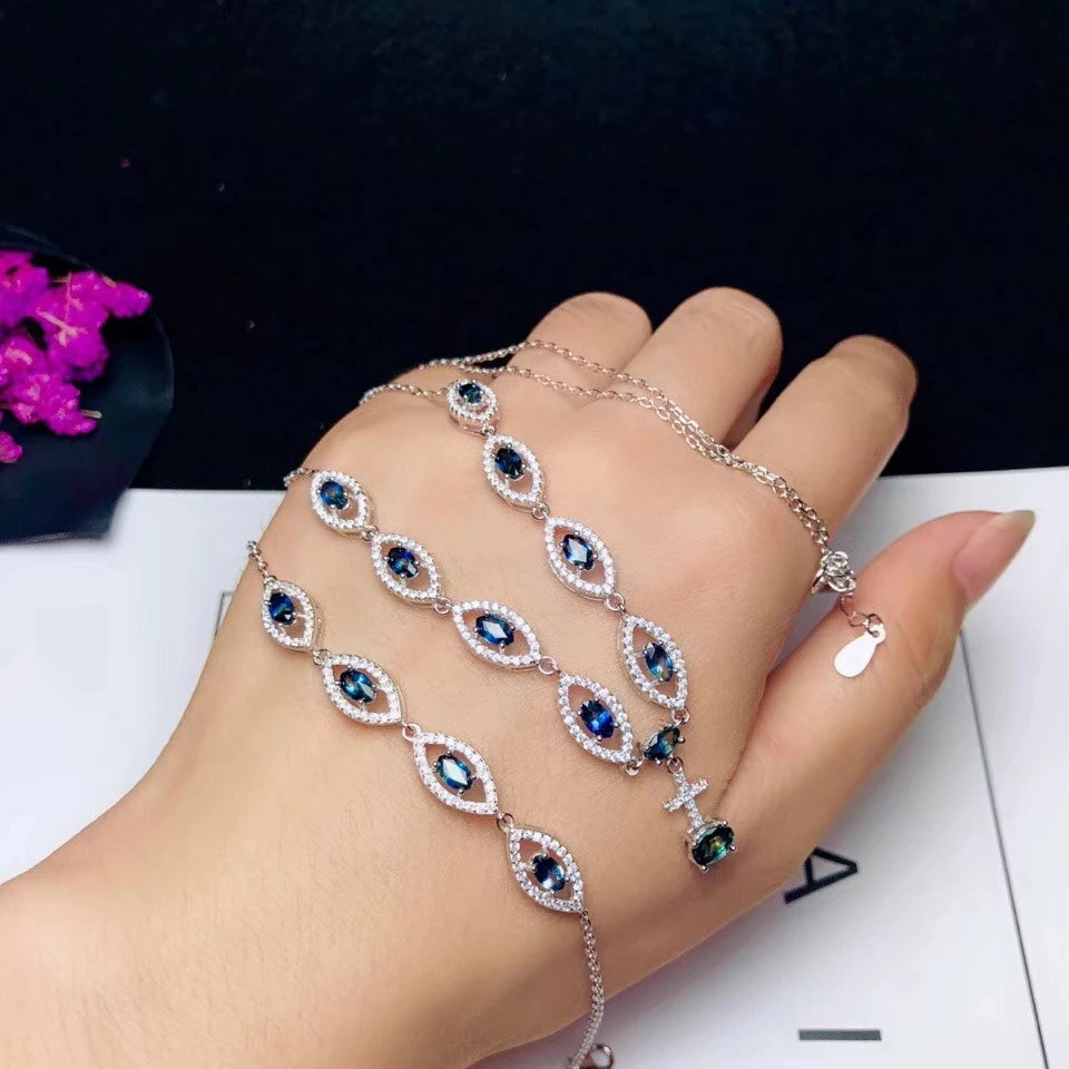 

Fashion water drop Natural blue sapphire necklace Bracelets Natural Gemstone Jewelry Set 925 Silver Women party wedding jewelry