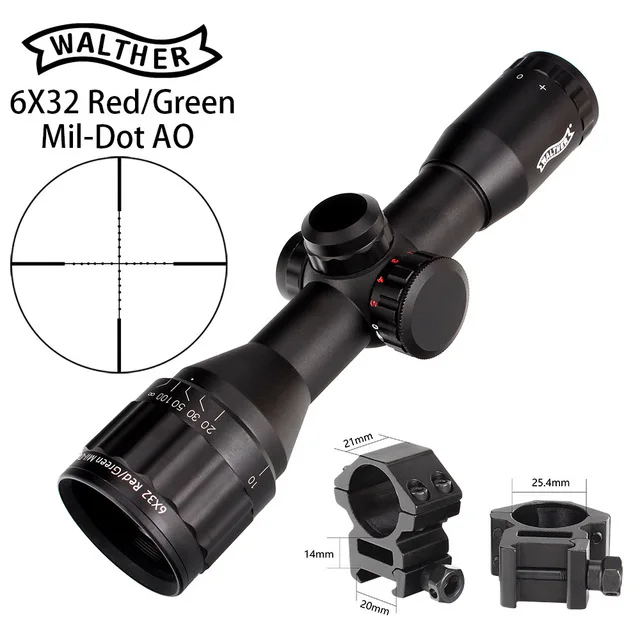 WALTHER 6x32 AO мини Mil-Dot двойной цвет с подсветкой сетка охотничий прицел тактический оптический прицел - Цвет: 1